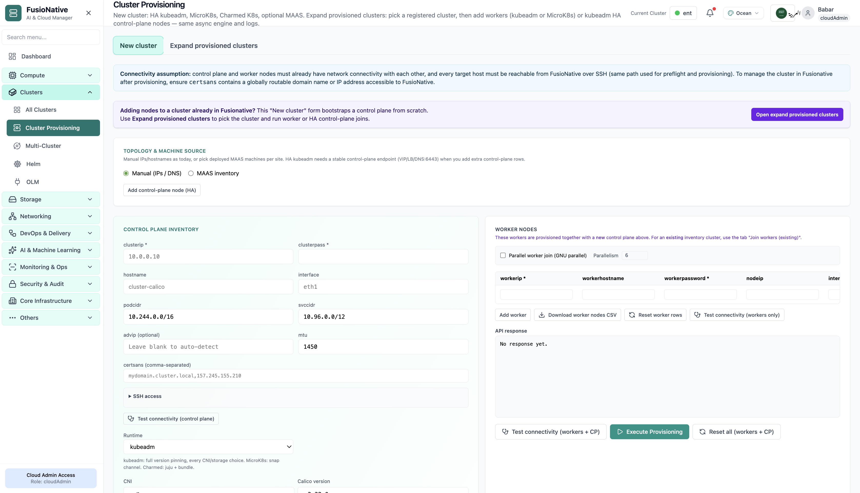 Cluster provisioning workflow and connectivity checks.